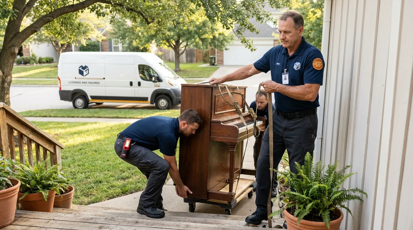 Licensed piano movers securing grand piano in Sebewaing, MI
