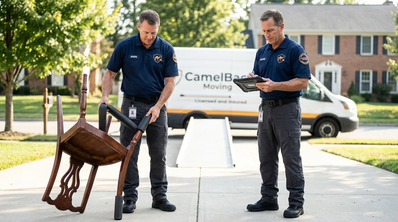 Movers inspecting furniture for damage prevention before loading in Sebewaing, MI