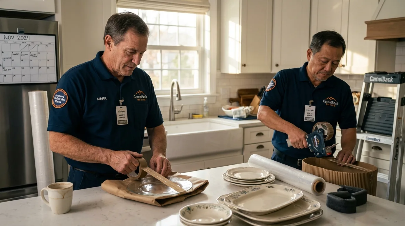 Professional crew packing kitchen dishware in Sebewaing, MI